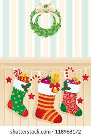 Christmas sock with gifts in home interior