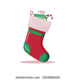 Christmas sock with gifts inside. Winter accessories