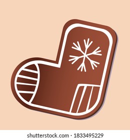 Christmas sock for gifts isolated. Flat vector stock illustration with chocolate gingerbread with sock with snowflake. Glazed Christmas cookies. Illustration or graphics with a chocolate element