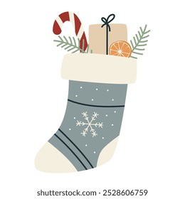 Christmas sock with gifts on a white background.