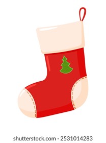 A Christmas sock for gifts. A red sock with a green Christmas tree on a transparent background.