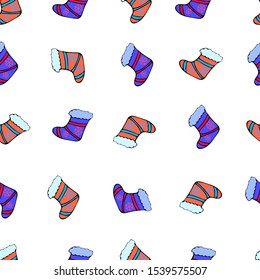 Christmas sock for gifts seamless pattern on white background.