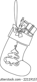 Christmas Sock With Gifts. A Simple Pattern For Window Dressing Or Postcards. Continuous Line Drawing, Vector Illustration