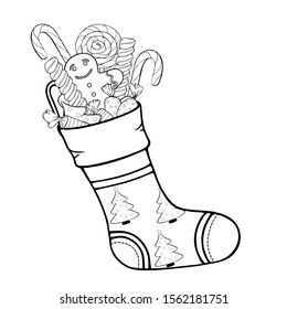 Christmas sock with gifts. Stocking with pattern of Xmas tree on a snow background. Festive decorations: lollipops (lollypops), gingerbread cookies, candies. Vector illustration. Hand drawn. Coloring.
