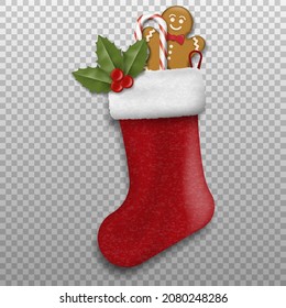 Christmas sock with gifts and sweets.. Decorative red sock. Vector illustration. Eps 10.