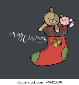 Christmas sock with gifts and sweets. Vector. Card. Merry Christmas. Greeting