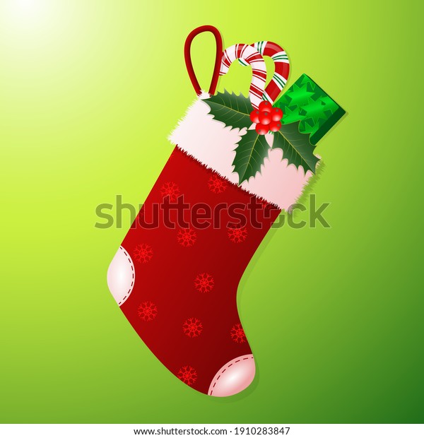 Christmas sock with gifts and sweets. Vector\
illustration on bright\
background