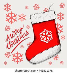 Christmas sock for gifts that hang on the fireplace. Sock Saint Nicholas Vector illustration