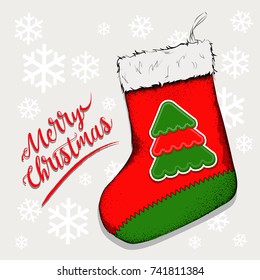 Christmas sock for gifts that hang on the fireplace. Sock Saint Nicholas Vector illustration