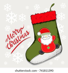 Christmas sock for gifts that hang on the fireplace. Sock Saint Nicholas Vector illustration