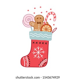 Christmas sock with gifts. Vector illustration in doodle style. Christmas sweets.