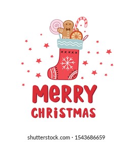 Christmas sock with gifts. Vector illustration in doodle style. Christmas sweets.