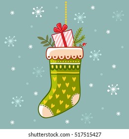 Christmas sock with gifts. Vector illustration for christmas, new year, winter holiday.