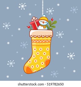 Christmas sock with gifts. Christmas vector illustration in a children's style.