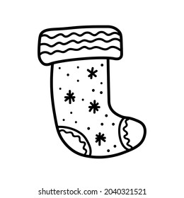 Christmas sock for gifts.Vector Doodle style outline. One winter boot. Holiday simple illustration for cards, packages,social media,web,stickers, logos