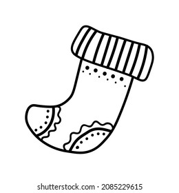 Christmas sock for gifts.Vector Doodle style outline. One winter boot. Holiday simple illustration for cards, packages,social media,web,stickers, logos