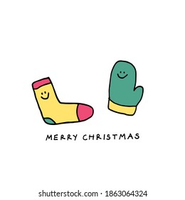 Christmas sock and glove. Cute Merry Christmas and Happy New greeting card. Printable hand drawn design. On dark white background.