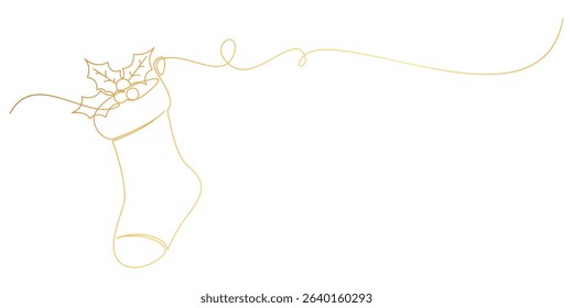 Christmas sock with gold line art style. illustration vector with transparent background.