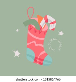 Christmas sock greeting card in contemporary flat modern style with round stamp template. Vector hand-drawn seasonal design.