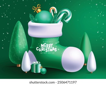 Christmas sock greeting card vector design. Merry christmas greeting card in santa socks with pine tree, gift, xmas balls and candy cane decoration elements in green background. Vector illustration 