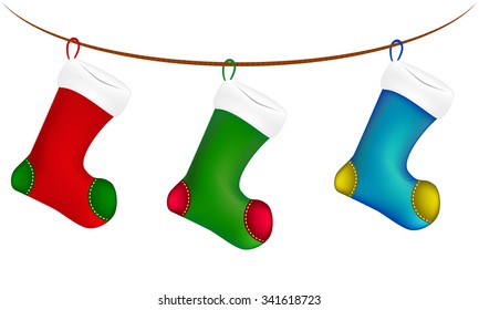 Christmas sock hang on twine, line, rope, icon , symbol, design. Winter vector illustration isolated on white background.