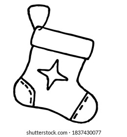 Christmas sock hanging on a hook. Coloring for children in doodle style.
