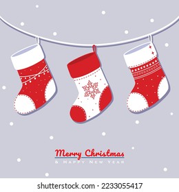 Christmas sock hanging on a robe with snowflakes. Xmas and happy new year banner design. Home decoration vector flat design.Headers for website.