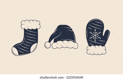 Christmas Sock, Hat and Glove icons isolated on white background. Vector illustration