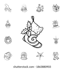 calcetín de Navidad, ilustración vectorial holística en color y estilo de esbozo sobre fondo blanco