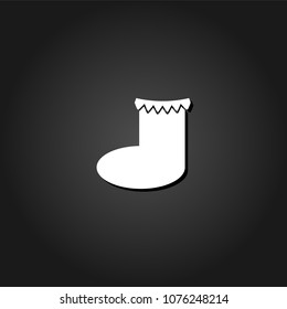 Christmas sock icon flat. Simple White pictogram on black background with shadow. Vector illustration symbol