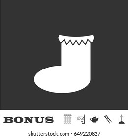 Christmas sock icon flat. White pictogram on black background. Vector illustration symbol and bonus icons