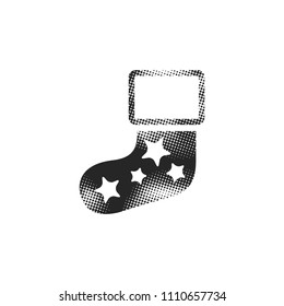 Christmas sock icon in halftone style. Black and white monochrome vector illustration.