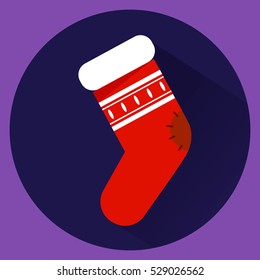 Christmas sock icon with long shadow. Flat modern style. Violet round background