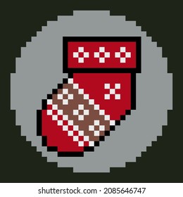 Christmas Sock Icon in Pixel Drawing Style.