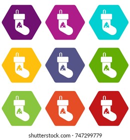 Christmas sock icon set many color hexahedron isolated on white vector illustration