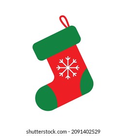 Christmas sock icon. Traditional colorful Christmas stocking vector. Red, green new year sock with snowflake for gift, winter sock for holiday illustration.