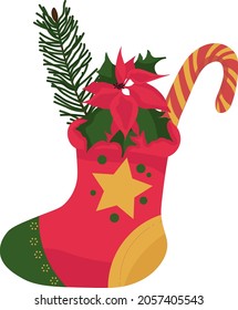 Christmas Sock illustration flat . New Year 's composition on a white background . poinsettia , fir branch , caramel cane . holiday template for design , New Year 's composition , printed products

