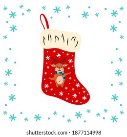 Christmas sock with the image of cute reindeer and snowflakes.   New Year decoration. Copy space. Flat design. The isolated image on a white background. Template vector illustration.