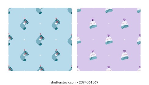 Christmas sock and knitted hat seamless pattern set. Christmas and New Year concept. Hand drawn lilac vector texture for wallpaper, prints, wrapping, textile