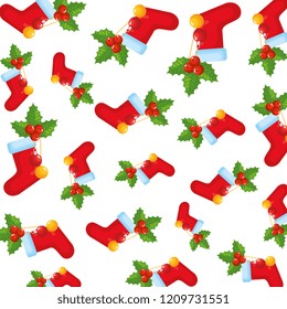 christmas sock with leafs and balls decorative pattern
