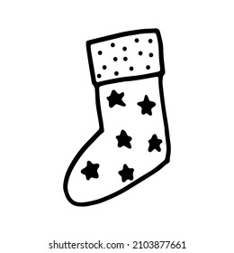 Christmas sock. New Year festive winter symbol with star isolated on white background. Cartoon doodle design for print, coloring book pages