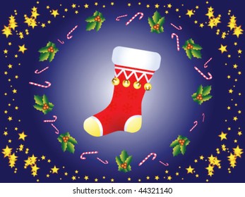 Christmas sock on the background of stars, lollipops and other things.