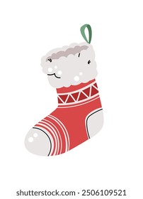 Christmas sock on isolated background. New Year's stocking for hanging over the fireplace. Vector illustration in flat style for stickers, decor, cards