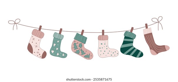 Meia de Natal na corda de lavanderia com ilustração de desenho animado de espinho de pano. Xmas bonito meia com pano de lã pendurado no varal. Secagem de tecido de inverno. Aconchegante ornamento de férias em design de algodão desenhado à mão