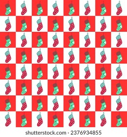 christmas sock on red white pattern background