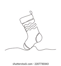 Christmas sock one line drawing on white background.