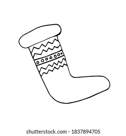 Christmas sock with ornaments. Doodle hand drawn illustration. High quality illustration. Knitted stocking. For holiday decor.