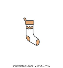 Christmas Sock Outline Color Icon - Happy New Year Party Vector Illustration.