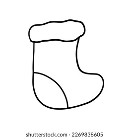 Christmas Sock in outline doodle style. Vector illustration isolated on white background.