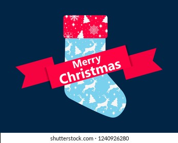 Christmas sock with a pattern of deer and Christmas trees. Festive icon with ribbon. Vector illustration